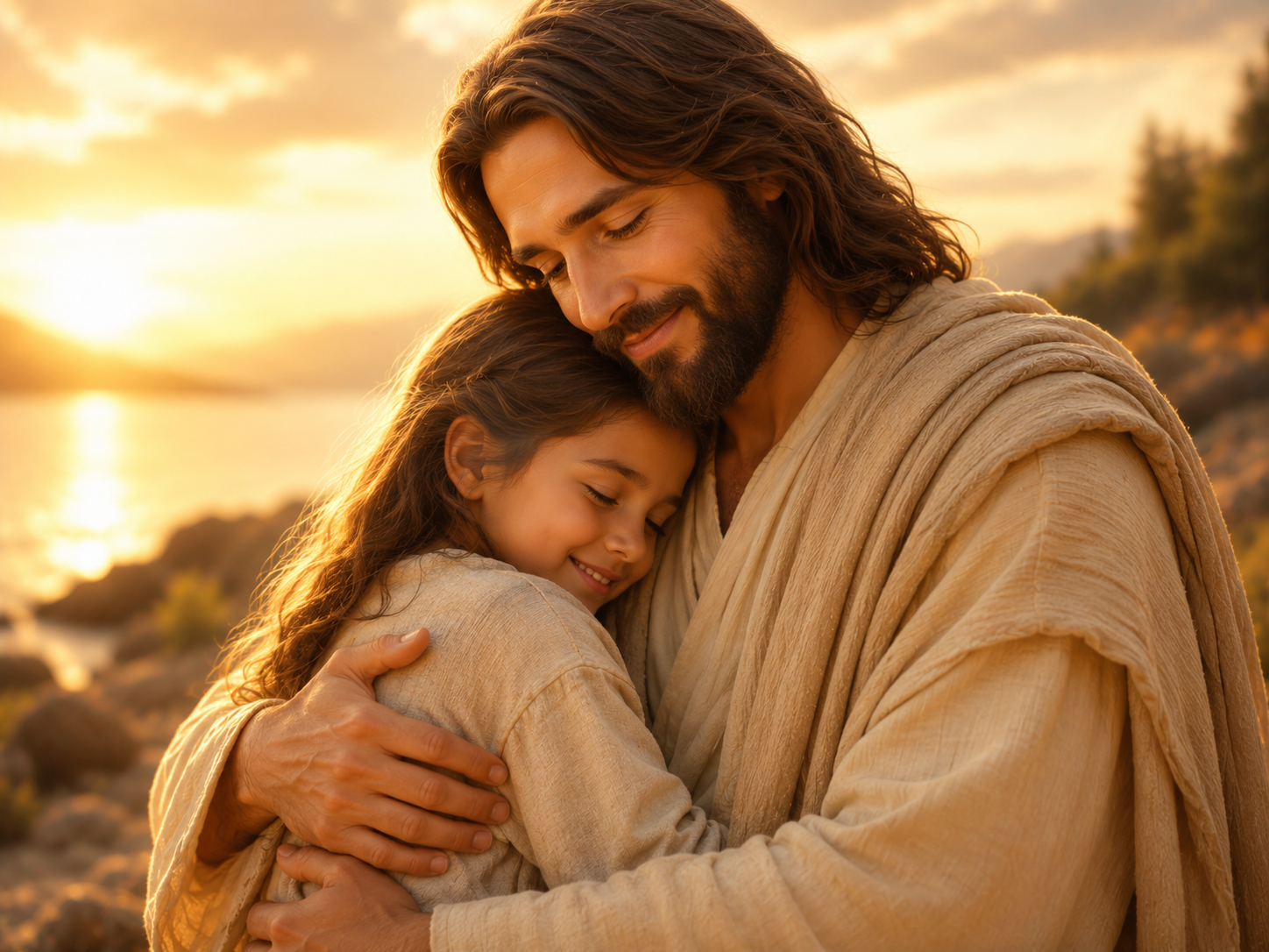 Artistic depiction of Jesus embracing a child