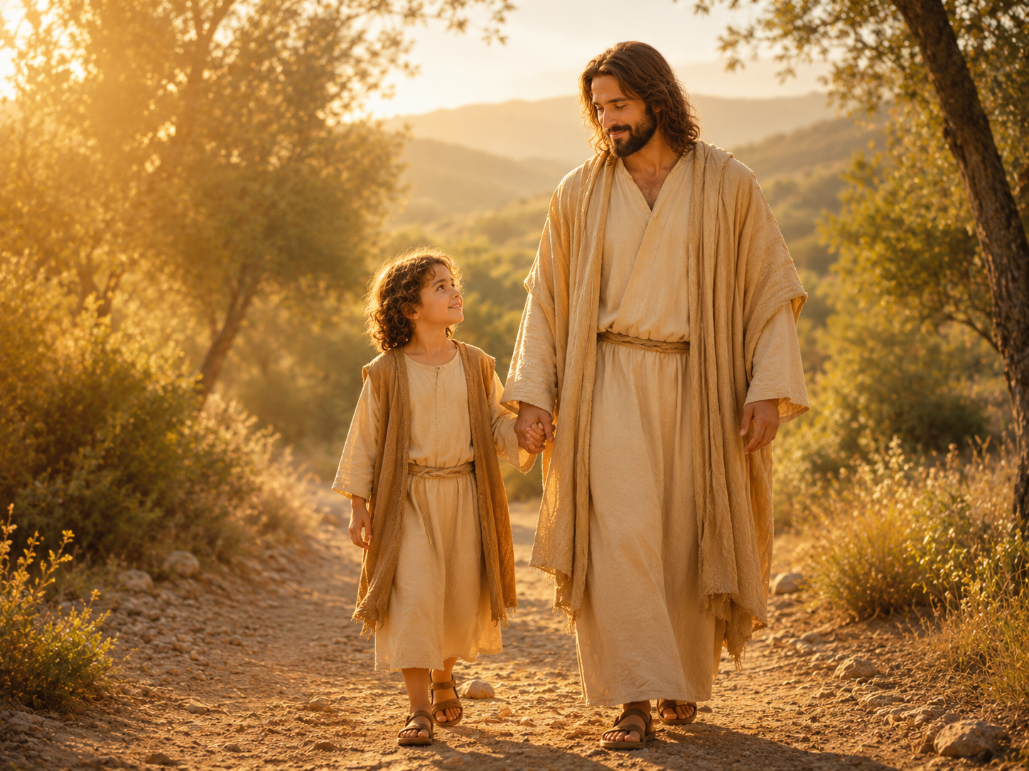 Devotional artistic representation of Jesus walking beside a child