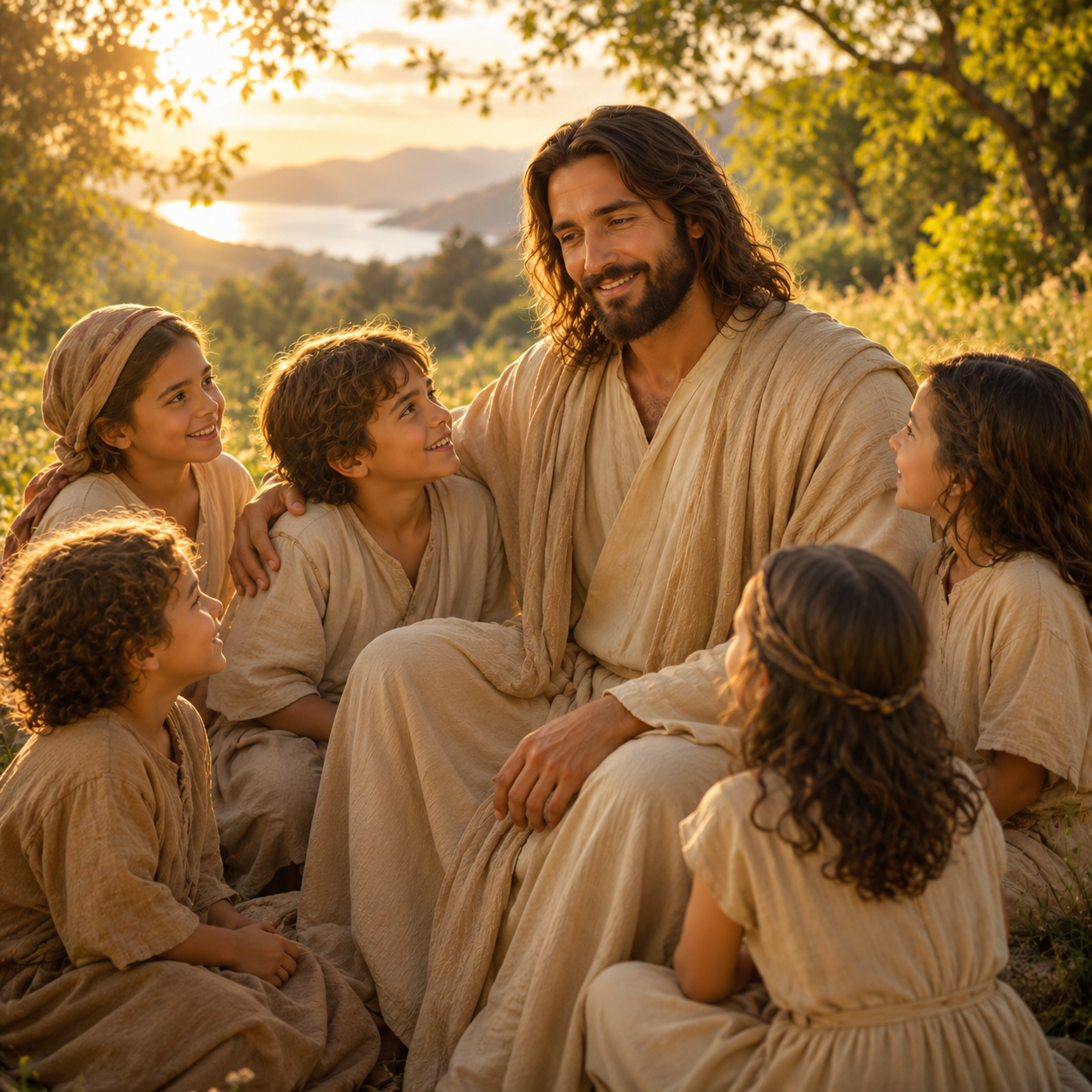 Artistic depiction of Jesus surrounded by children