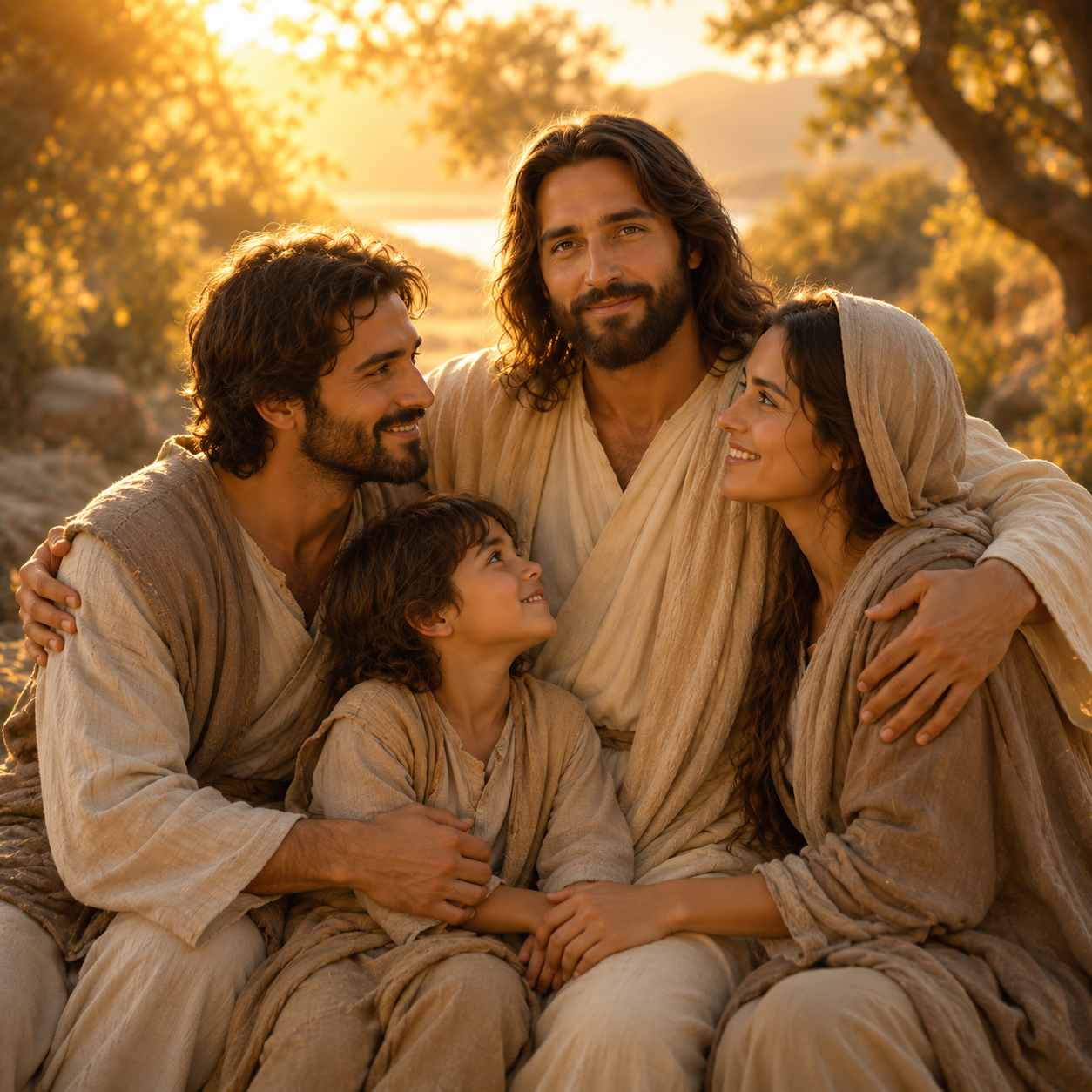 Artistic depiction of Jesus accompanying a family