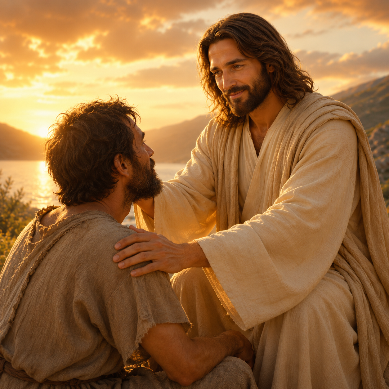 Devotional artistic representation of Jesus comforting a weary person