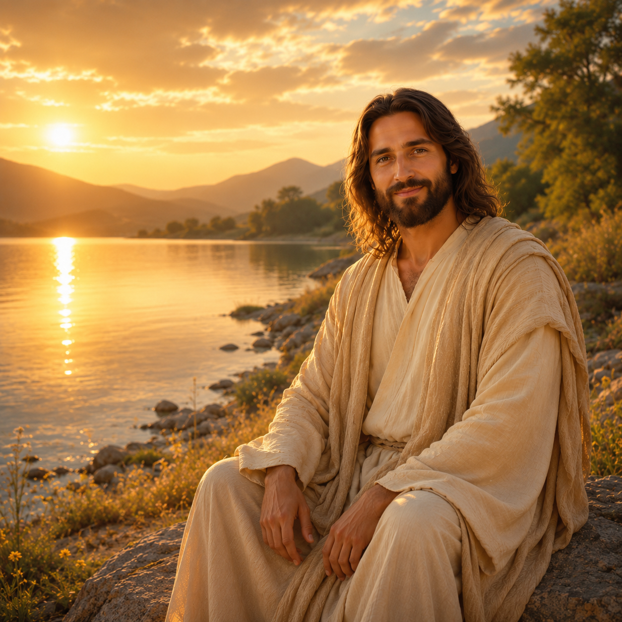 Devotional artistic representation of Jesus beside a lake