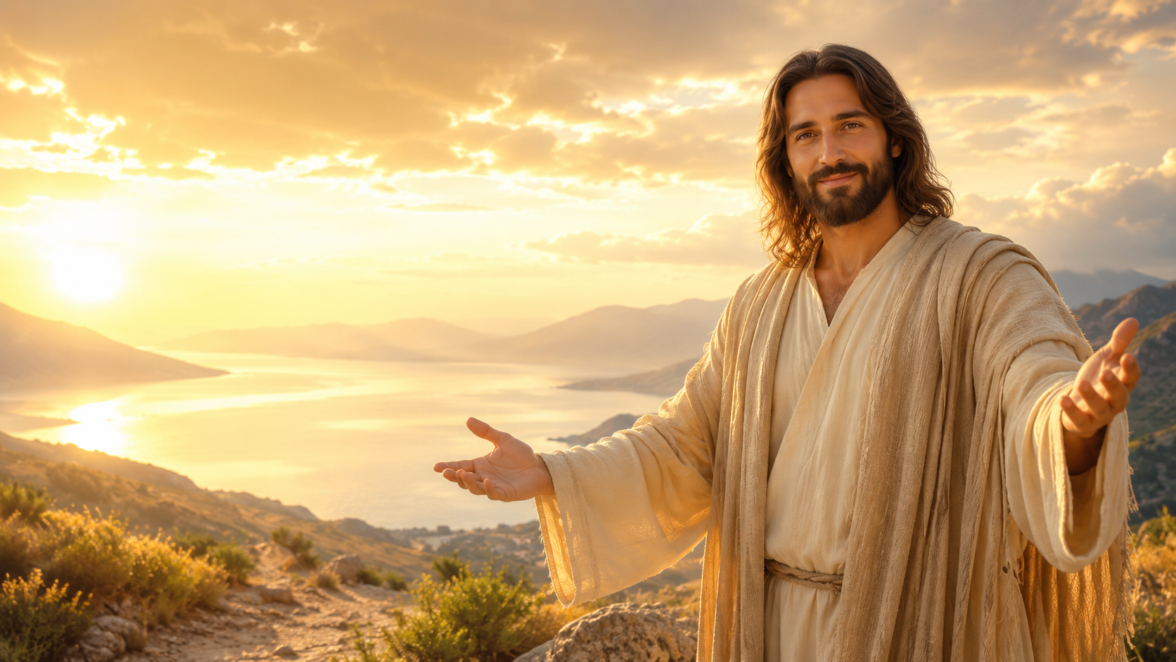 Devotional artistic representation of Jesus with open arms at sunrise