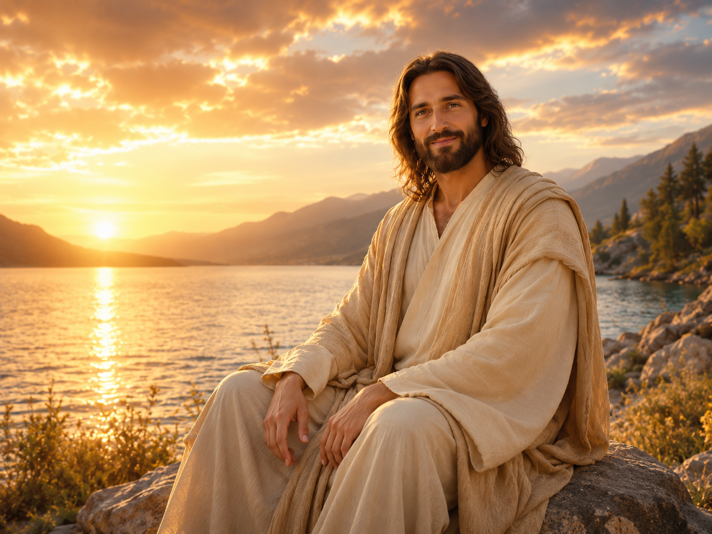 Devotional artistic representation of Jesus seated beside a lake at sunset