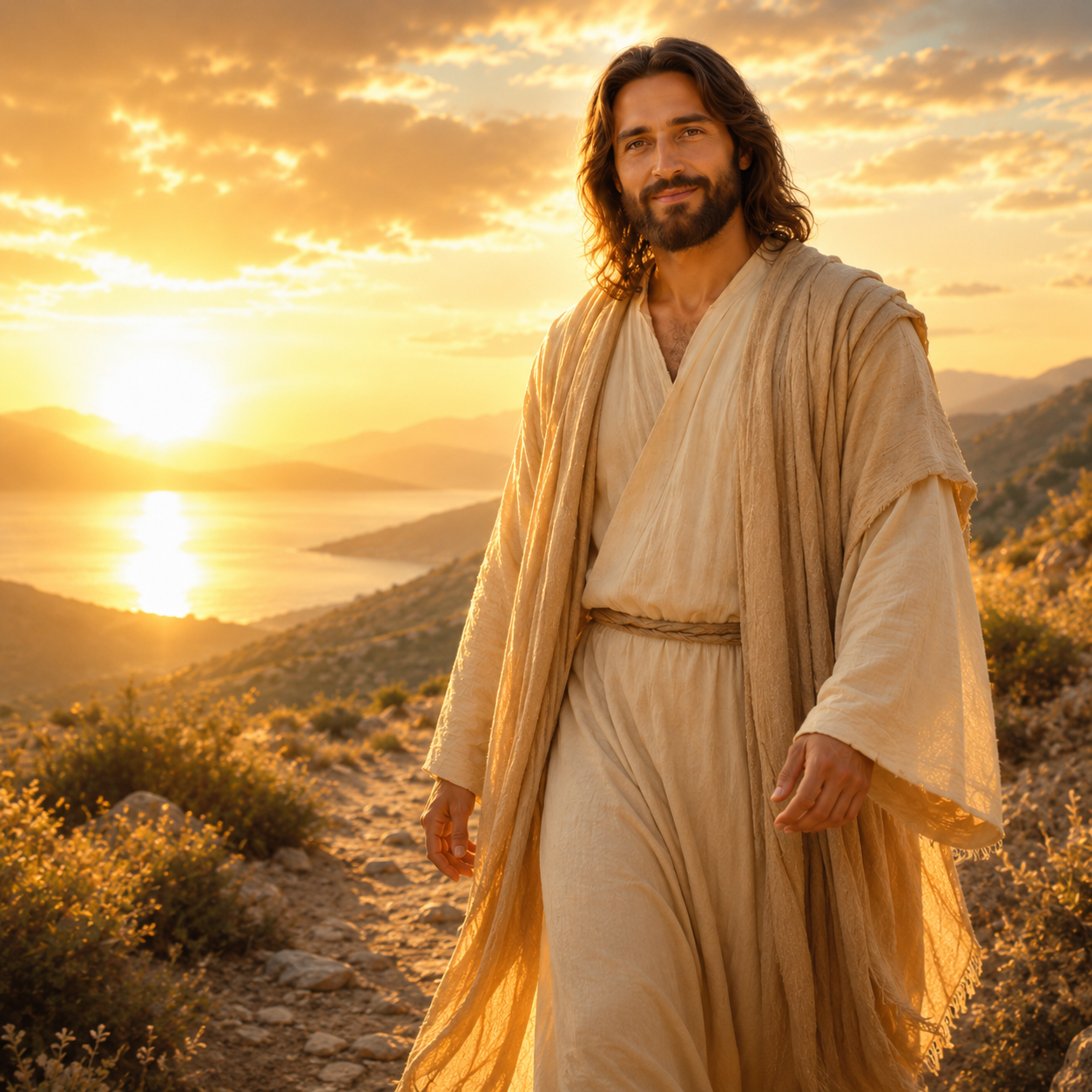 Artistic depiction of Jesus standing in a natural landscape