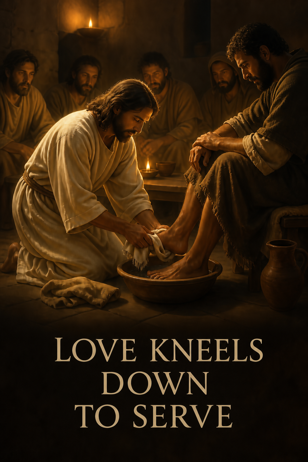Jesus kneeling to wash a disciple's feet in a simple room
