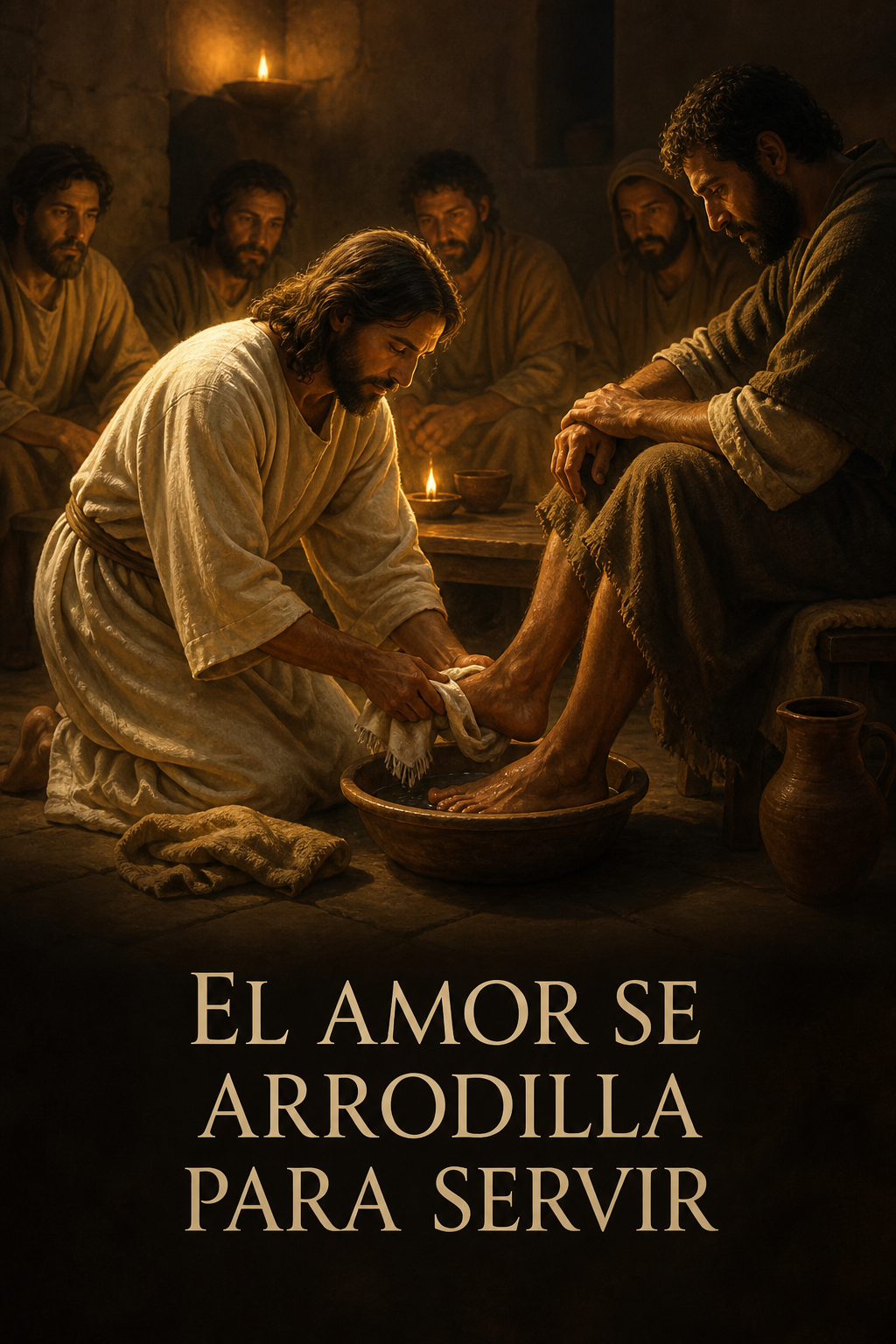 Jesús arrodillado lavando los pies de un discípulo en una habitación sencilla