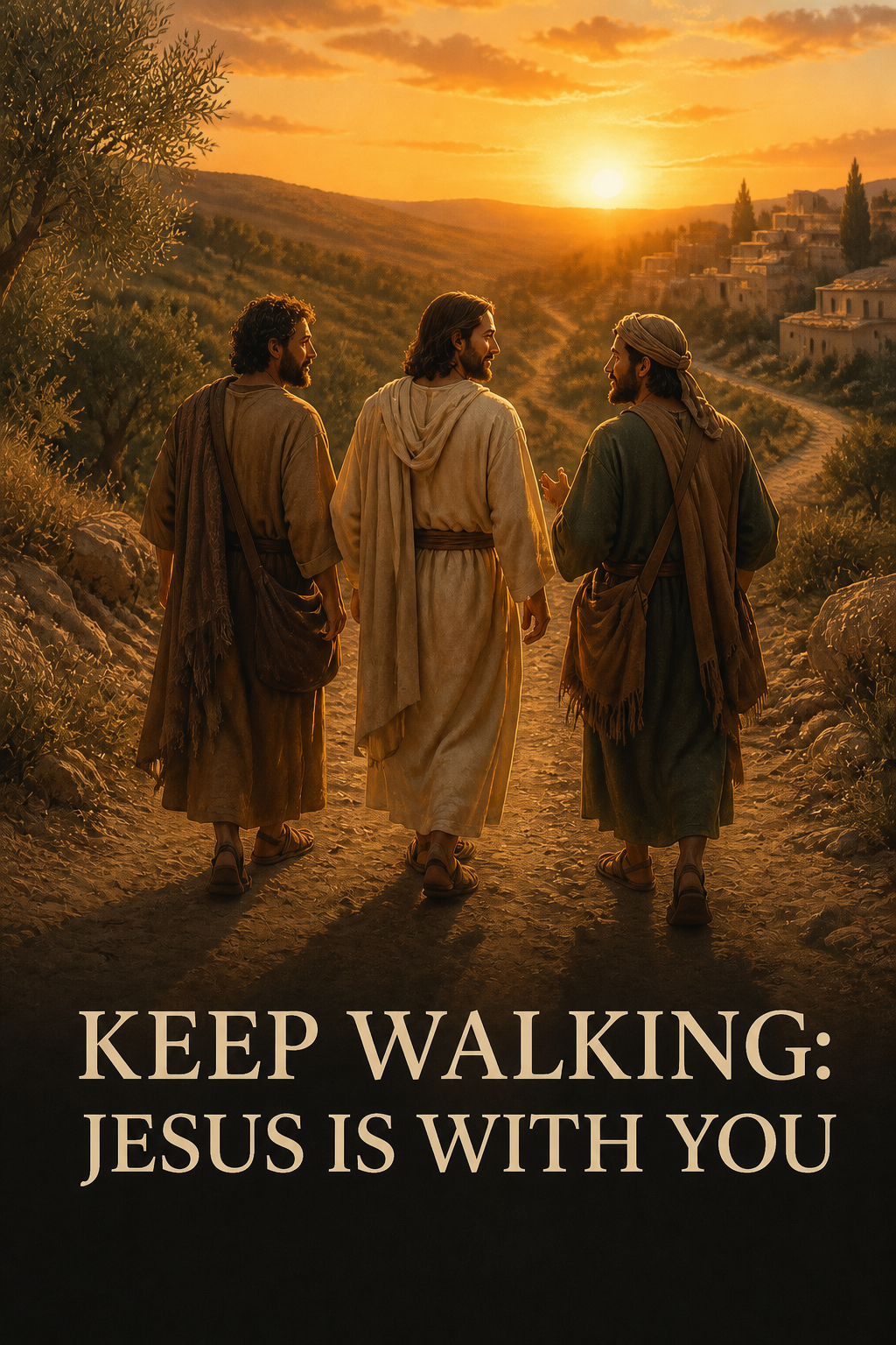 Jesus walking at sunset with two disciples on the road to Emmaus