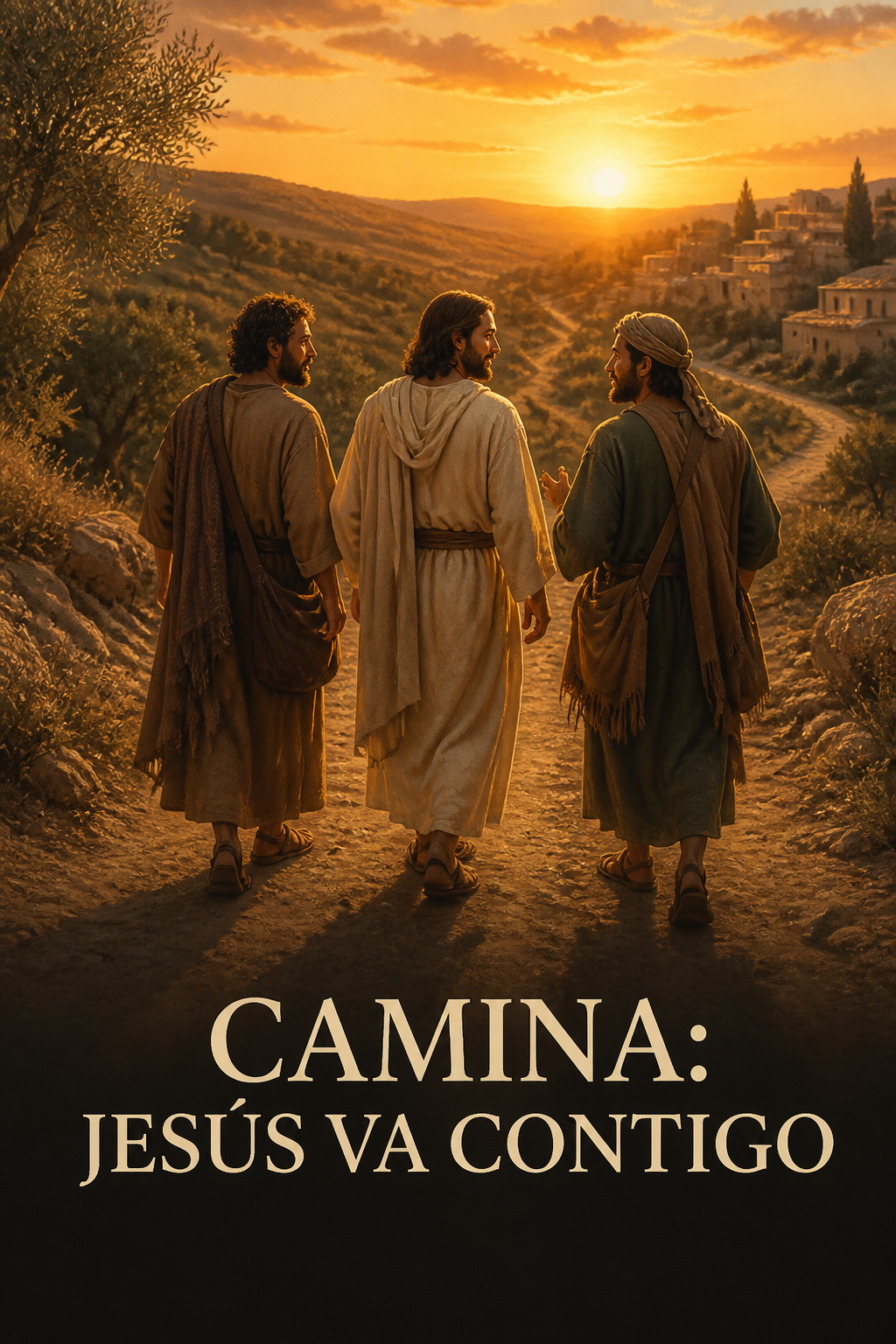 Jesús caminando al atardecer junto a dos discípulos por el camino a Emaús