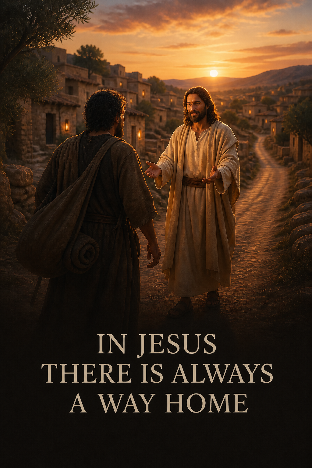 Jesus welcoming a traveler returning to a village with open hands