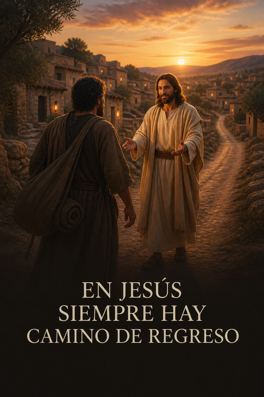 Jesús recibiendo con las manos abiertas a un viajero que regresa a una aldea