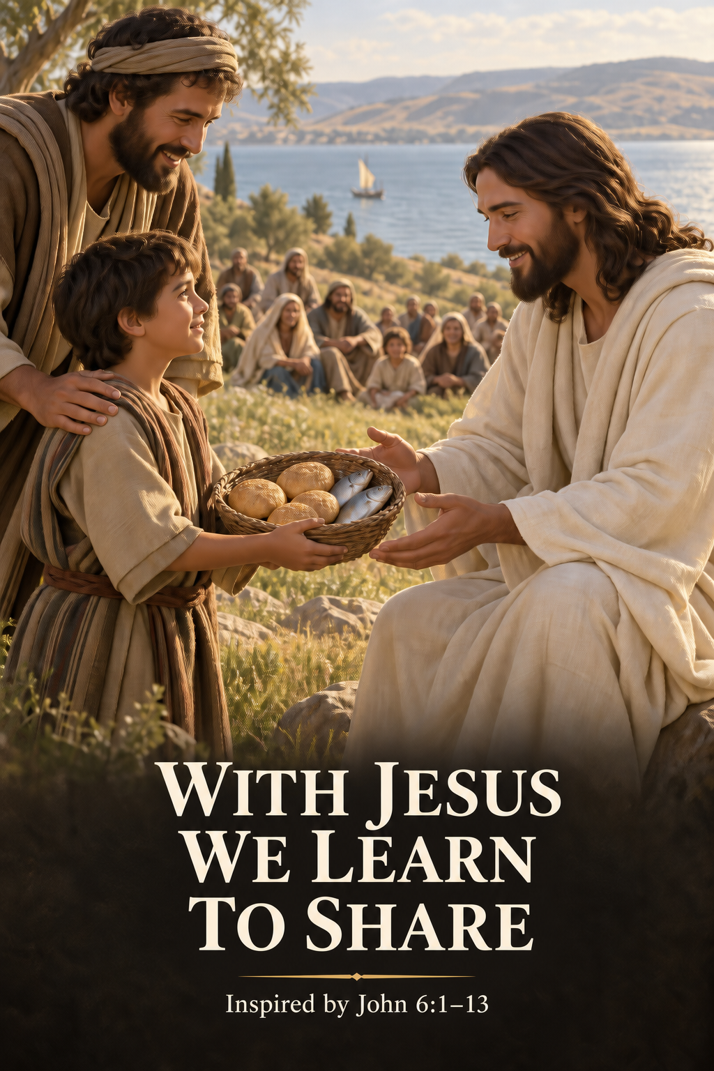 Devotional art of a boy offering bread and fish to Jesus beside the lake