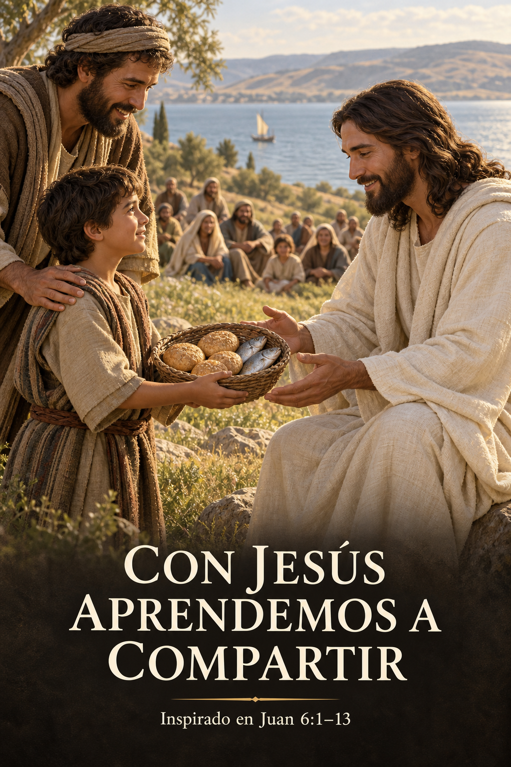 Arte devocional de un muchacho ofreciendo pan y pescado a Jesús junto al lago