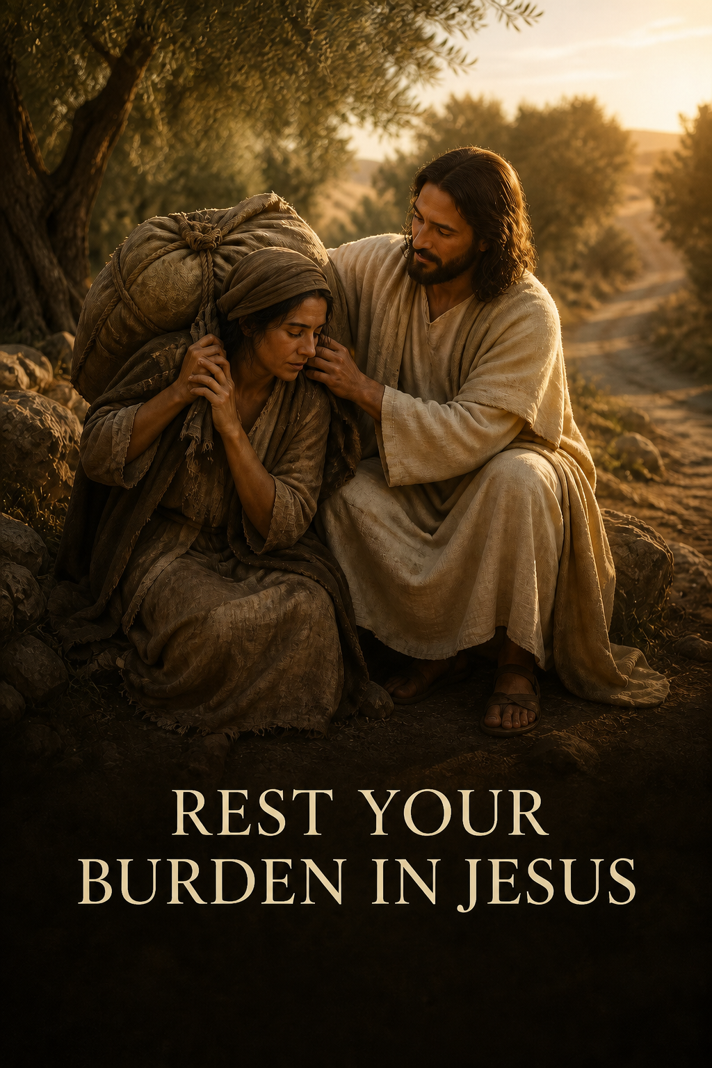 Jesus accompanying a weary traveler carrying a heavy burden