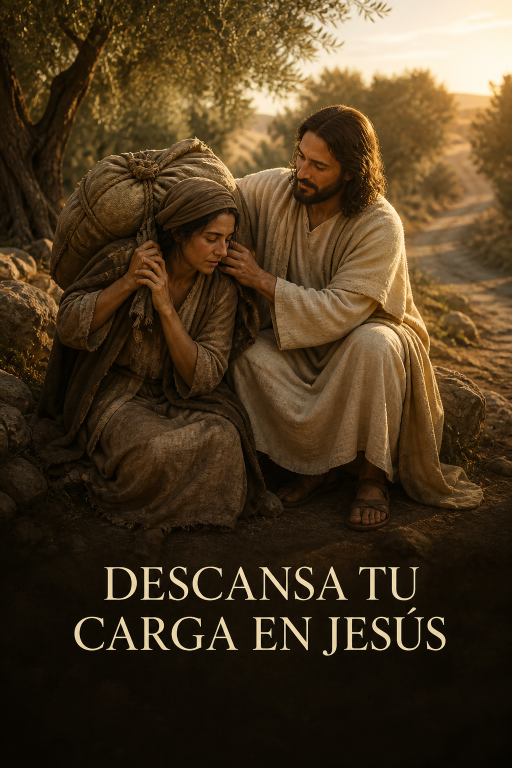 Jesús acompañando a una viajera cansada que lleva una carga pesada