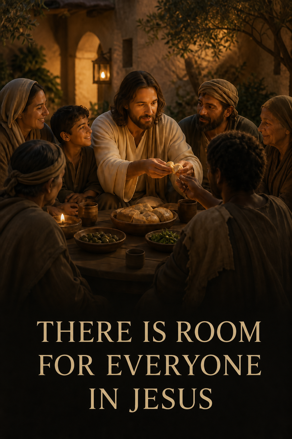 Jesus sharing bread around a table with people of different ages
