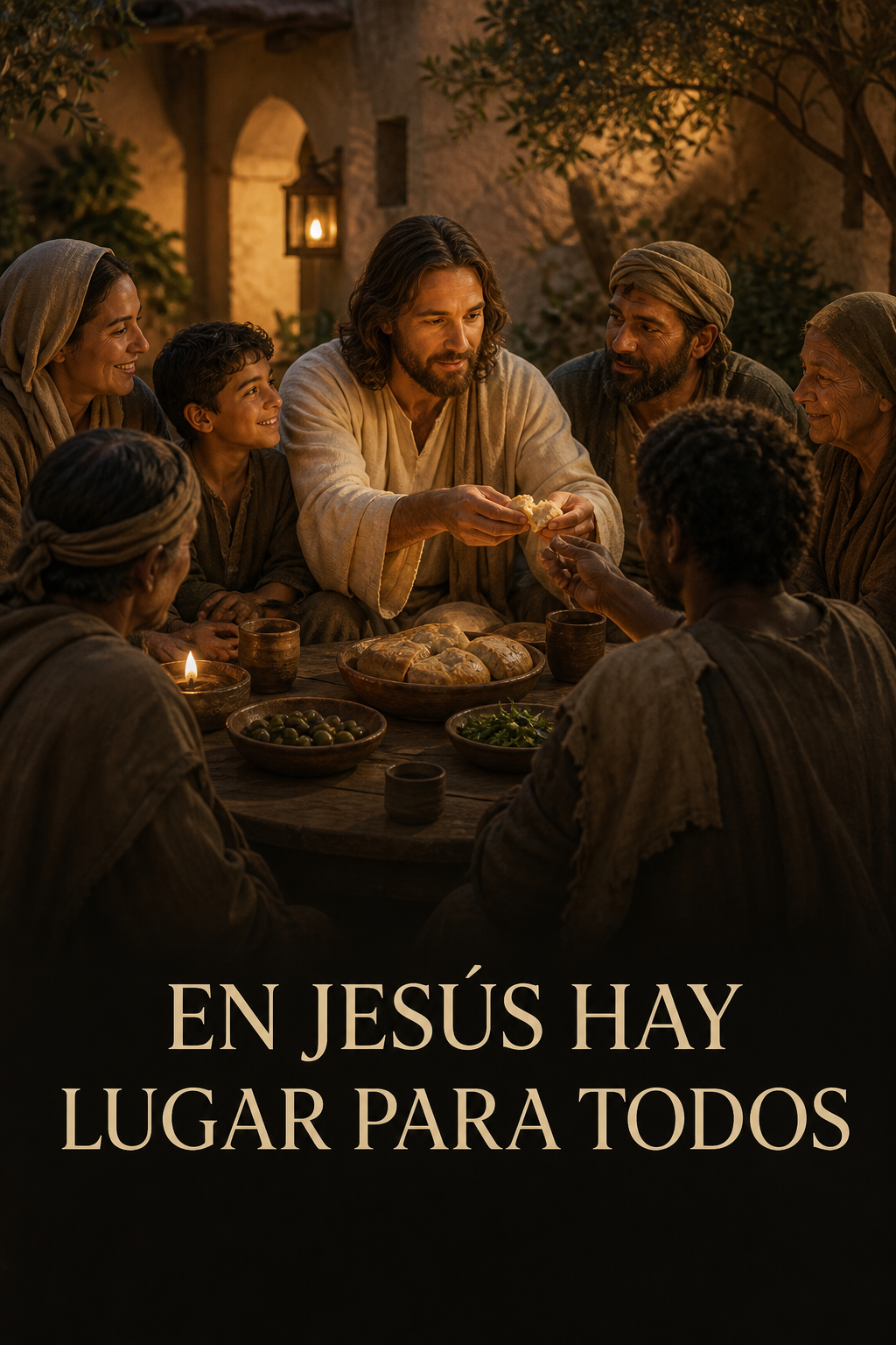 Jesús compartiendo pan alrededor de una mesa con personas de distintas edades