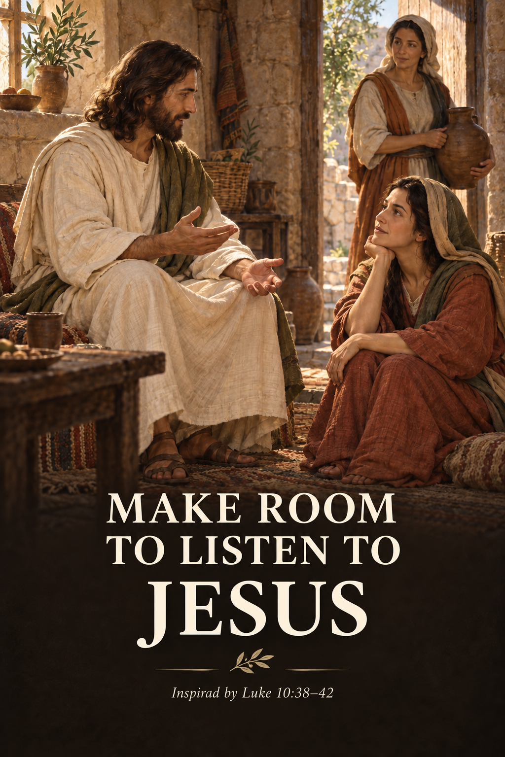 Devotional art of Jesus teaching in a home while Mary listens and Martha stands nearby