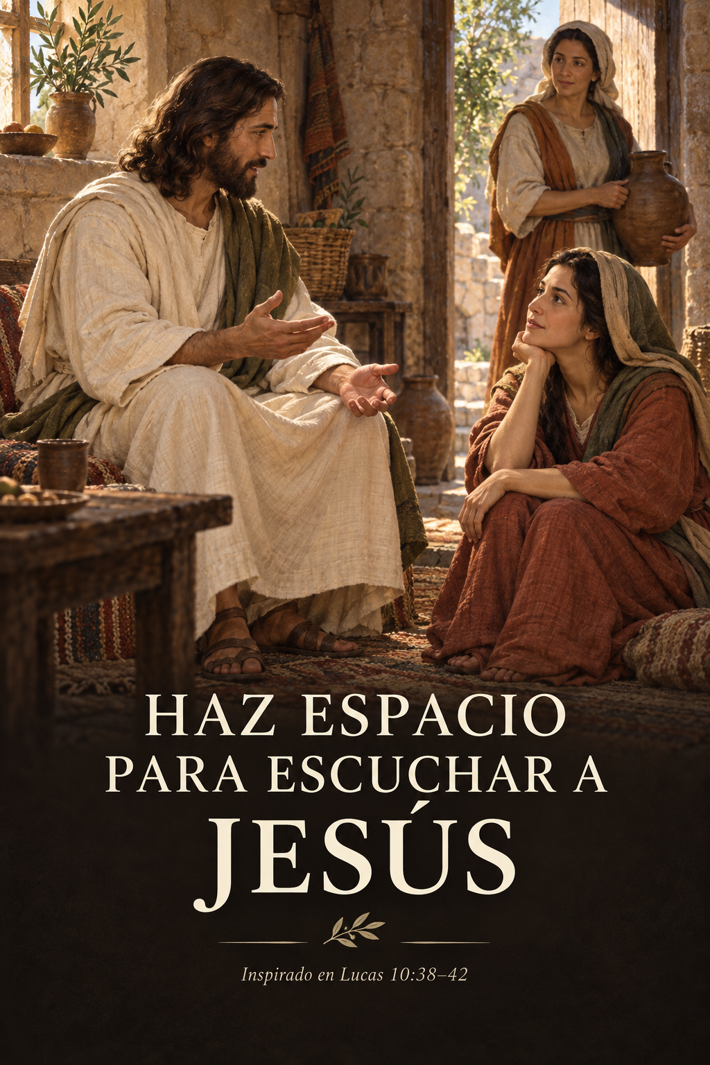 Arte devocional de Jesús enseñando en una casa mientras María escucha y Marta está cerca