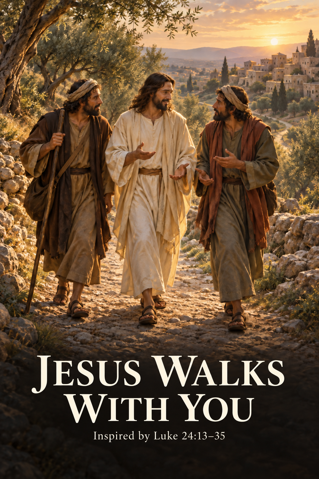 Devotional art of Jesus walking with two travelers among olive trees at sunset
