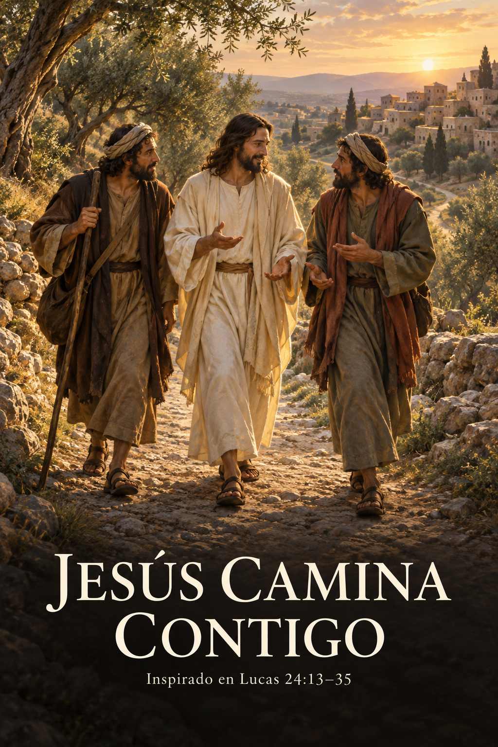 Arte devocional de Jesús caminando con dos viajeros entre olivos al atardecer