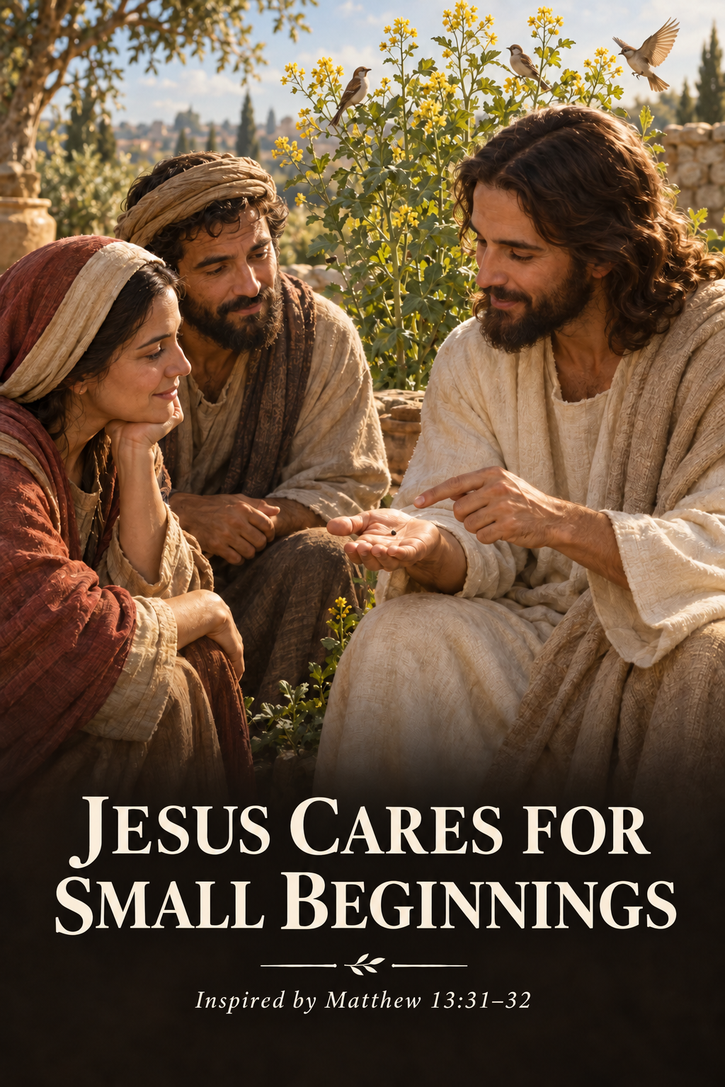 Devotional art of Jesus showing a seed to two people beside a flowering shrub