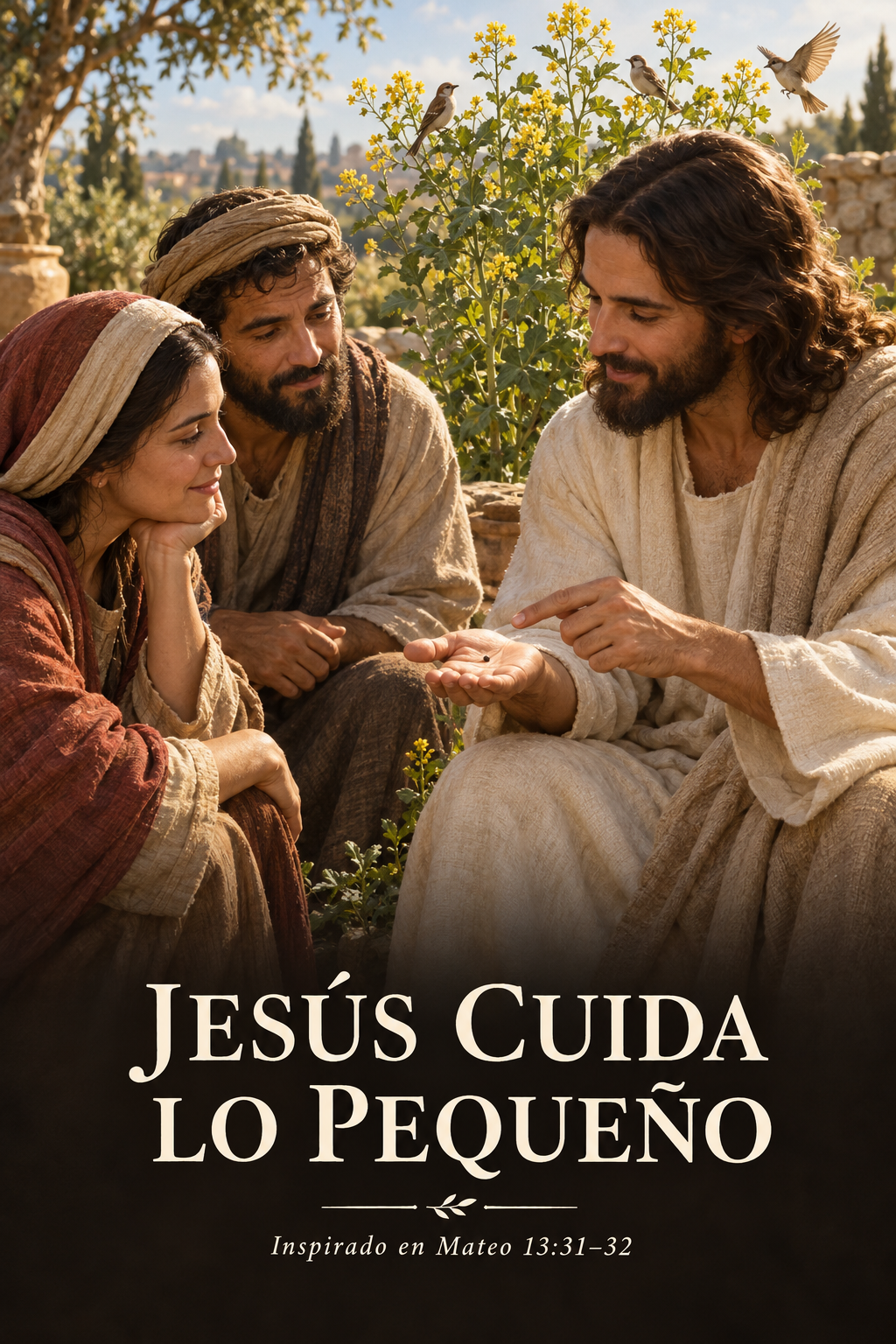 Arte devocional de Jesús mostrando una semilla a dos personas junto a un arbusto