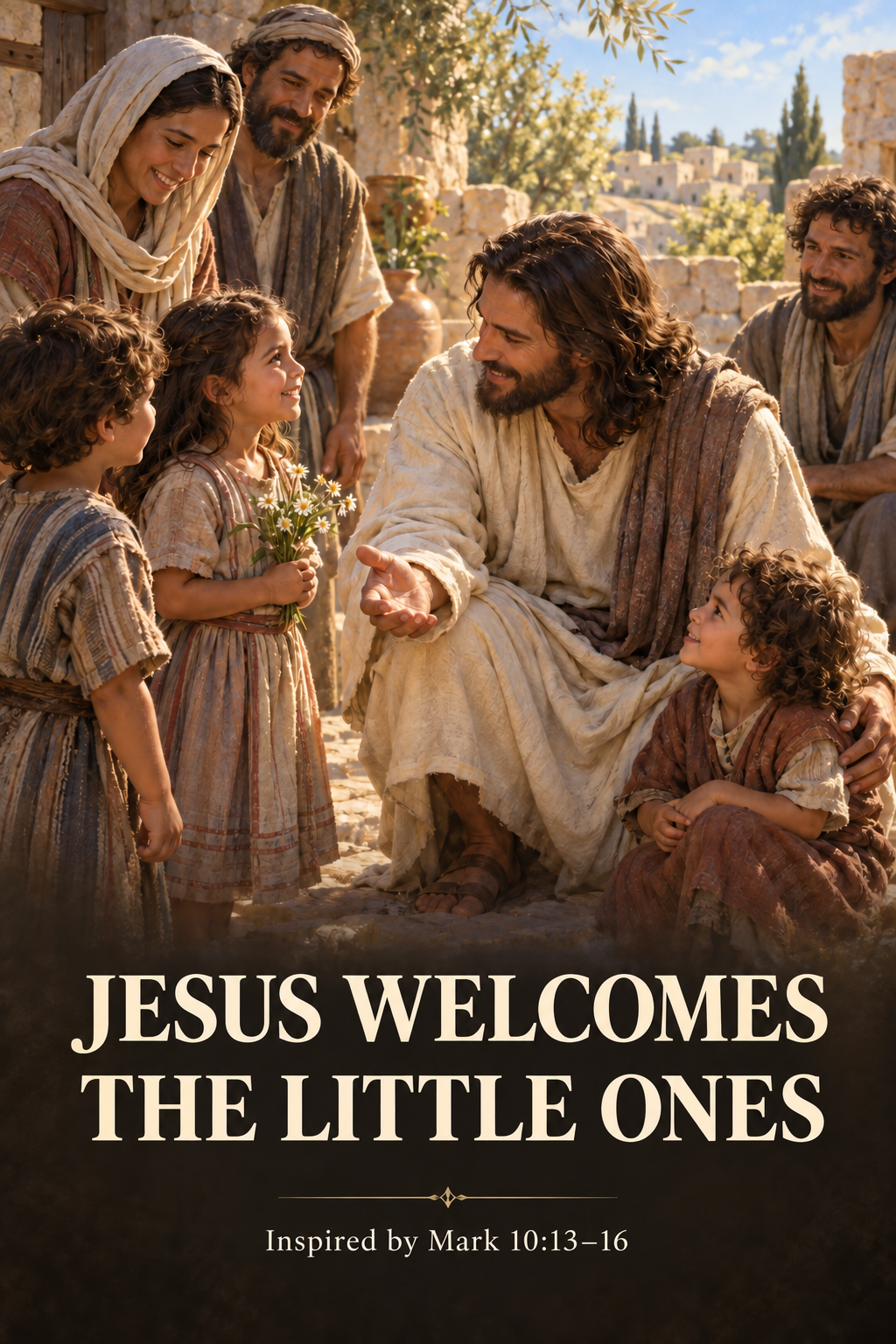 Devotional art of Jesus welcoming three children with their family in a courtyard