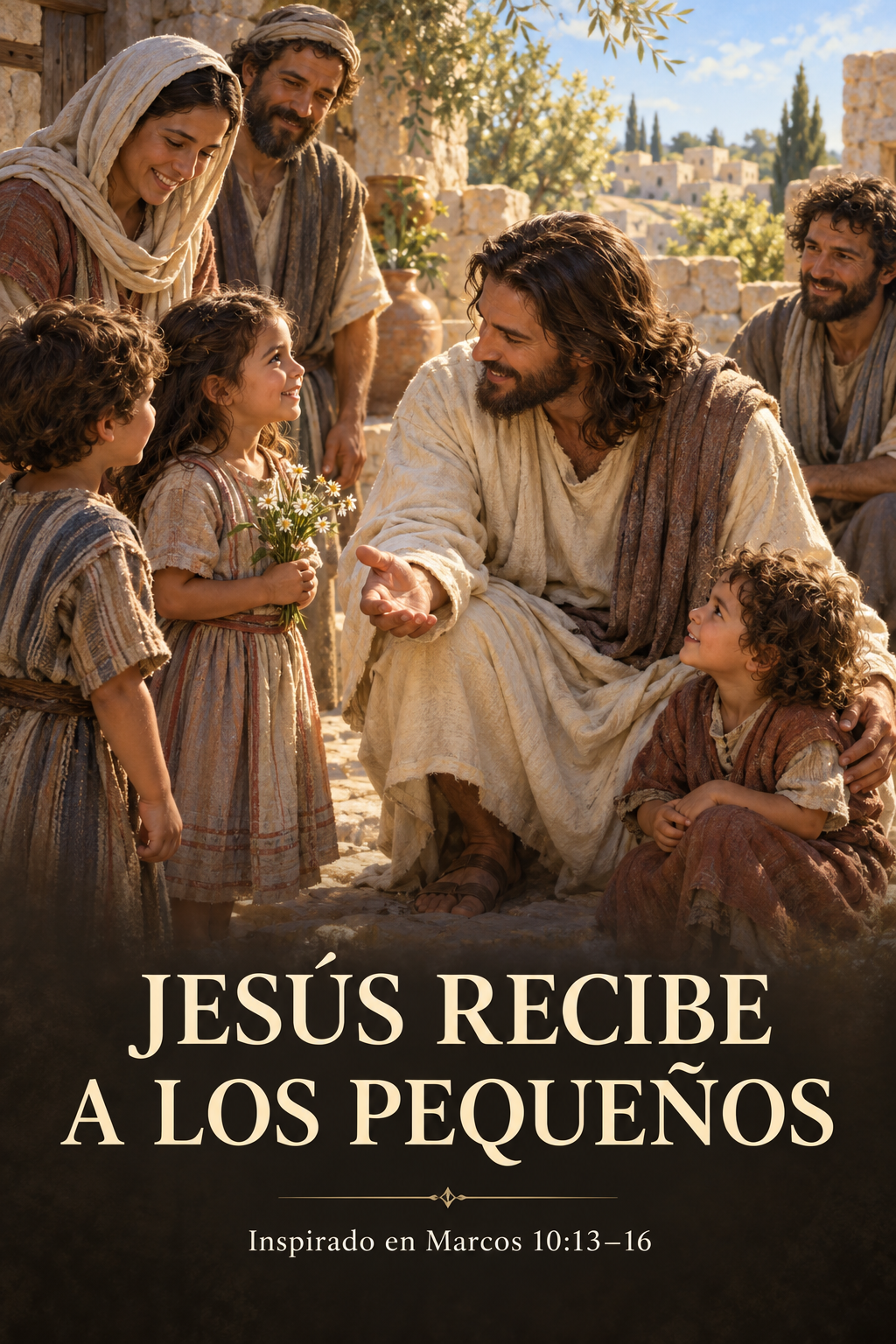 Arte devocional de Jesús acogiendo a tres niños con sus familiares en un patio