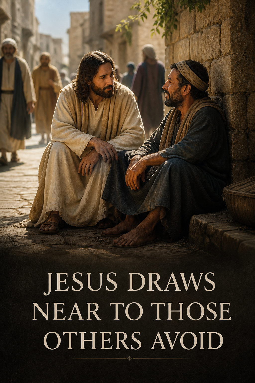 Jesus sitting and listening to an excluded person beside a stone wall