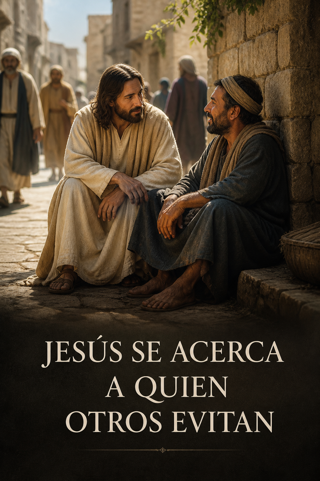 Jesús sentado y escuchando a una persona apartada junto a un muro de piedra
