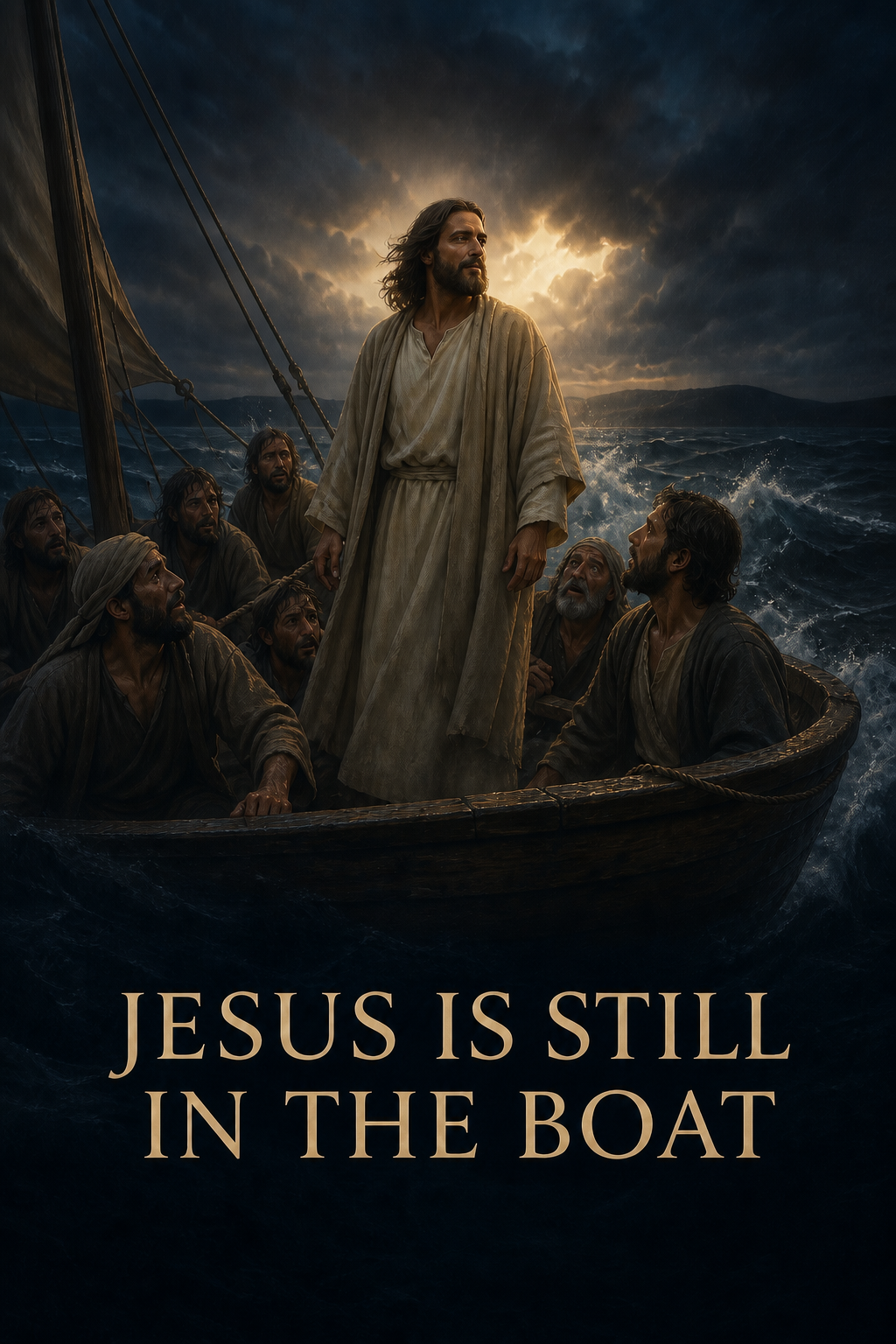Jesus standing with his disciples in a boat during a storm