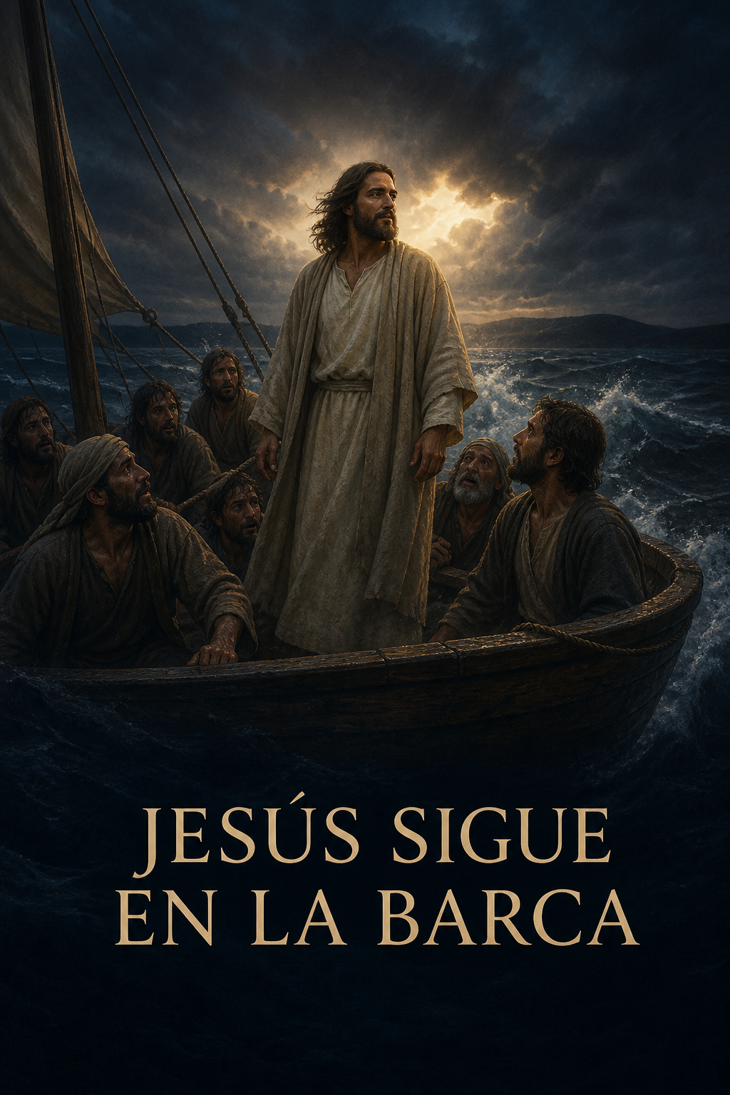 Jesús de pie con sus discípulos en una barca durante una tormenta