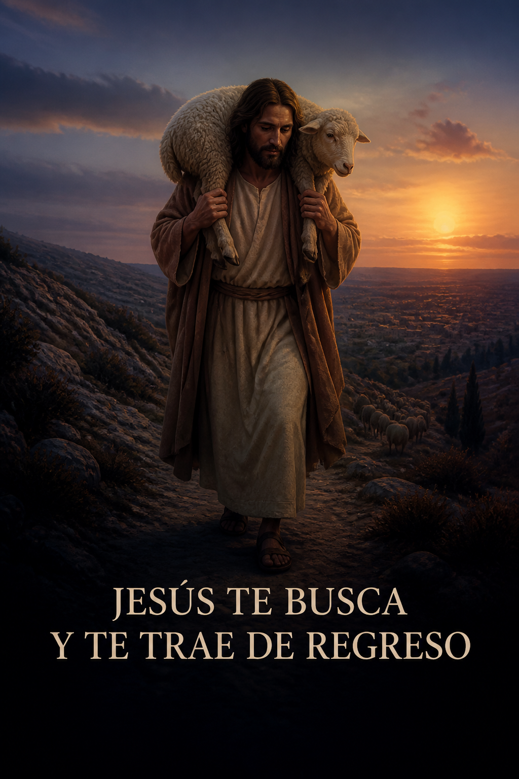 Jesús caminando al atardecer con una oveja rescatada sobre sus hombros