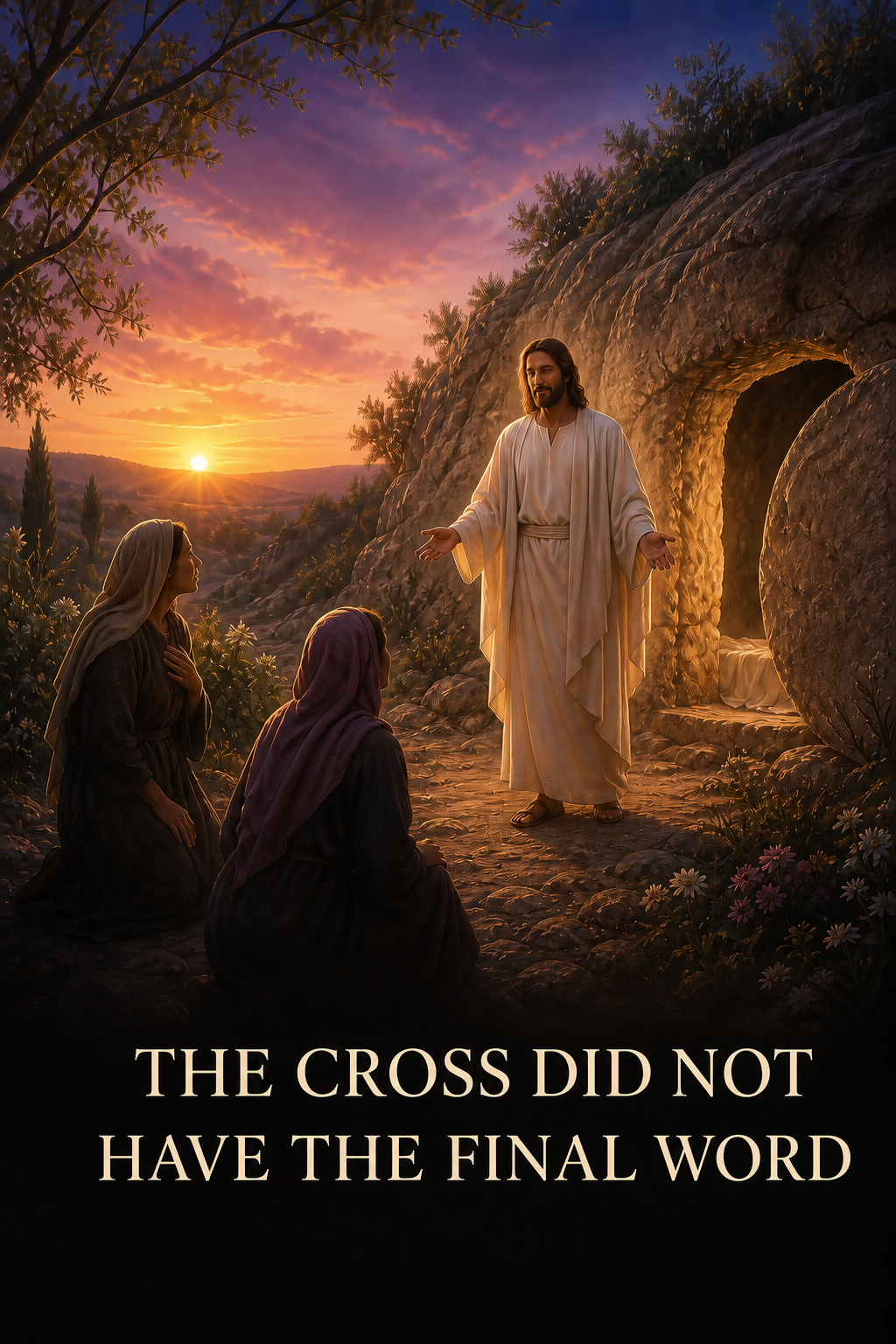 The risen Jesus at dawn before the open tomb and two women