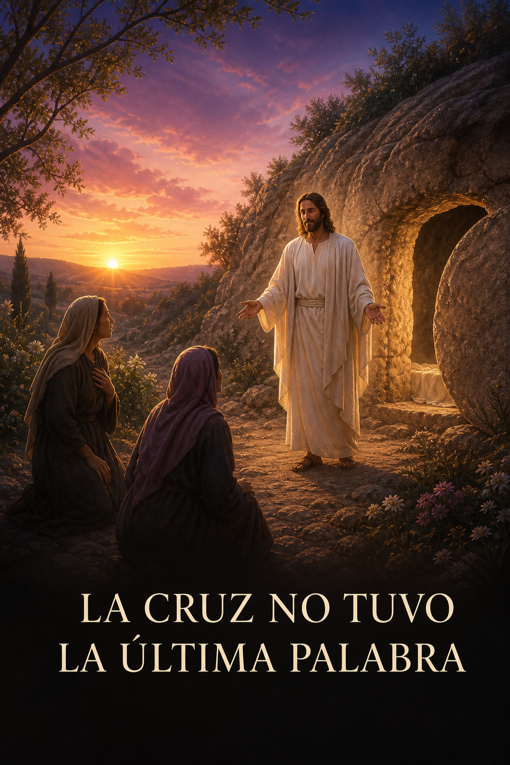Jesús resucitado al amanecer frente al sepulcro abierto y dos mujeres
