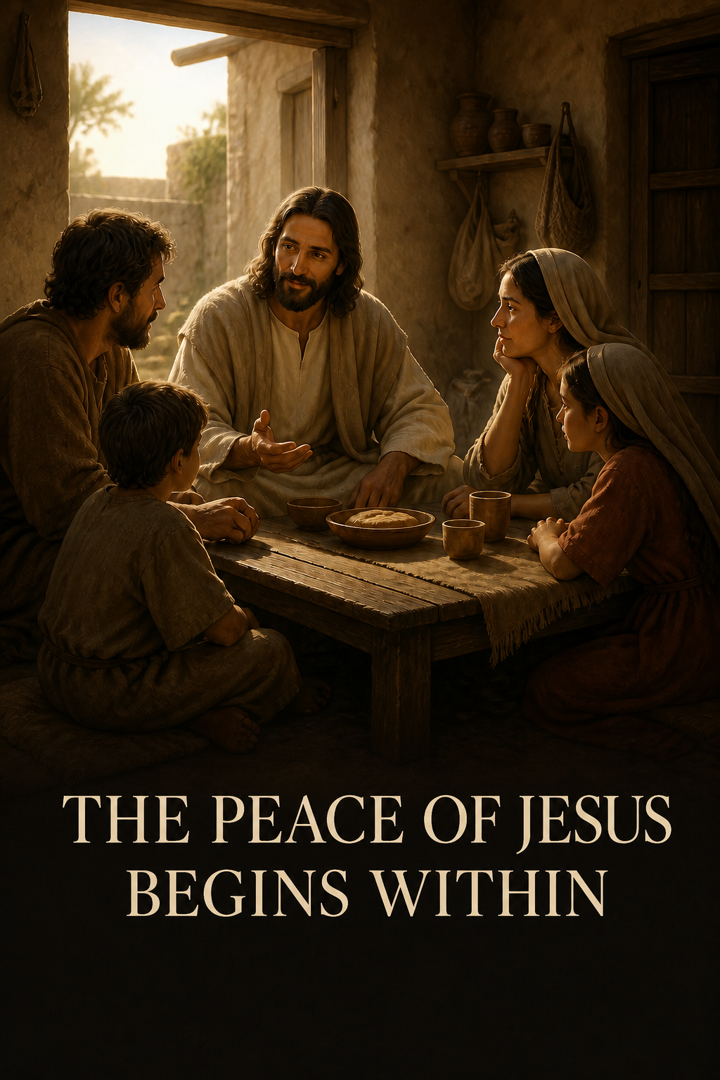 Jesus speaking peacefully with a family around a simple table