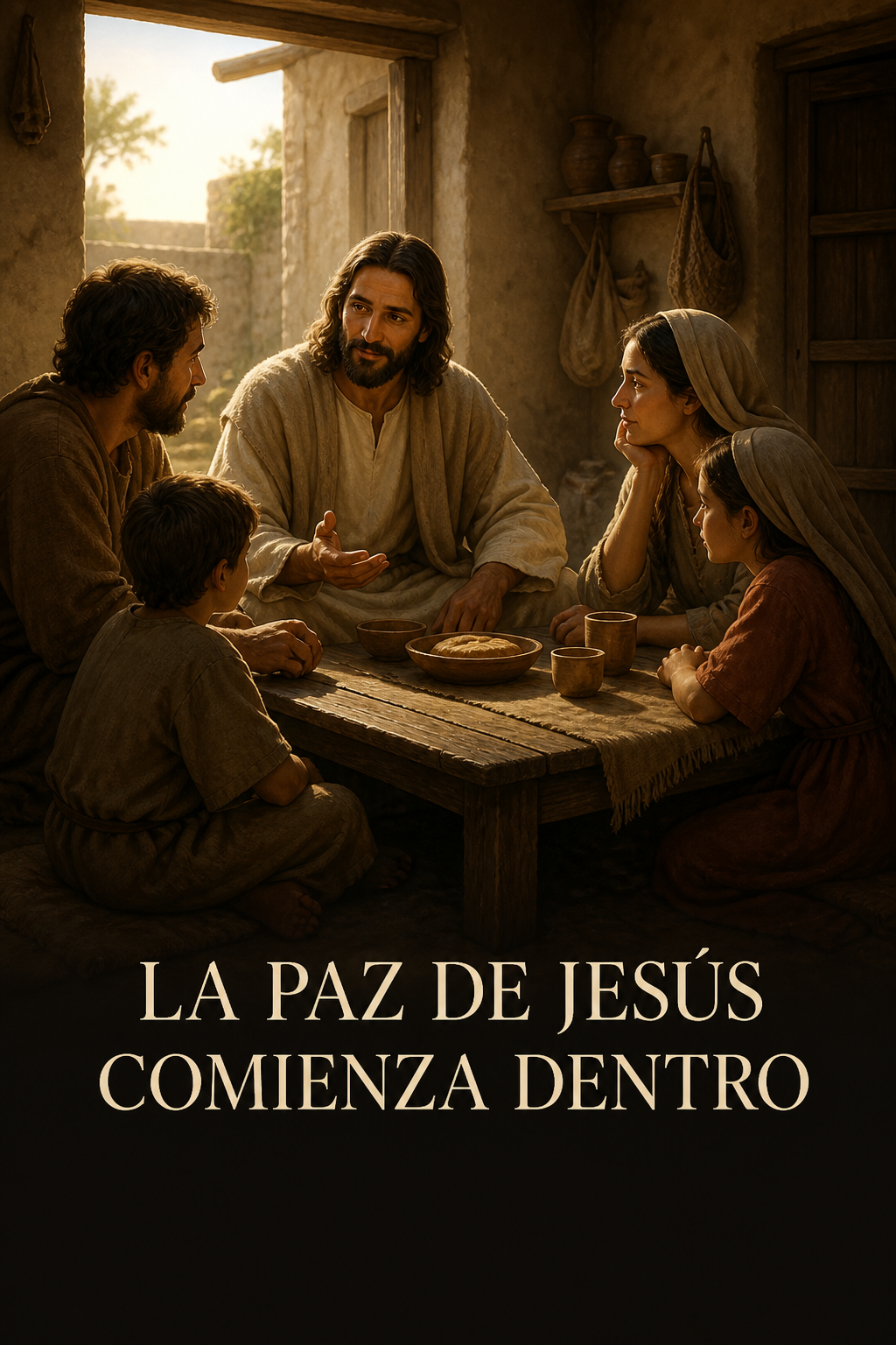Jesús conversando serenamente con una familia alrededor de una mesa sencilla