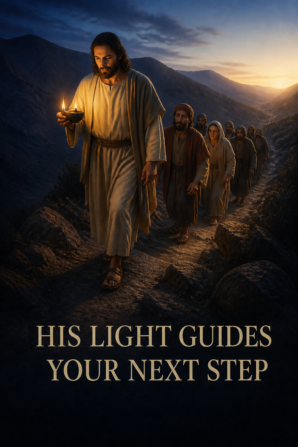 Jesus guiding several disciples with a lamp along a path before dawn