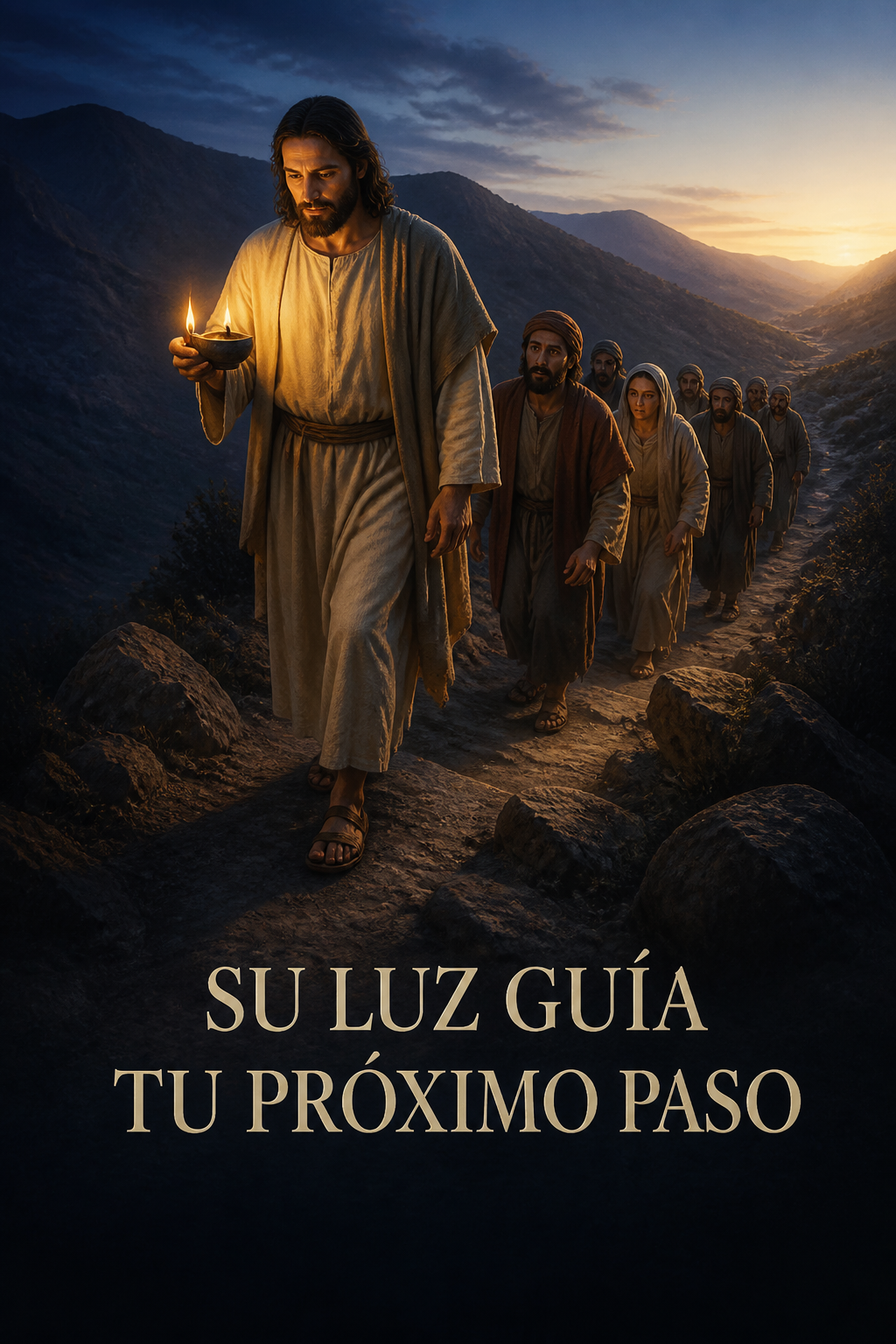 Jesús guiando con una lámpara a varios discípulos por un sendero antes del amanecer