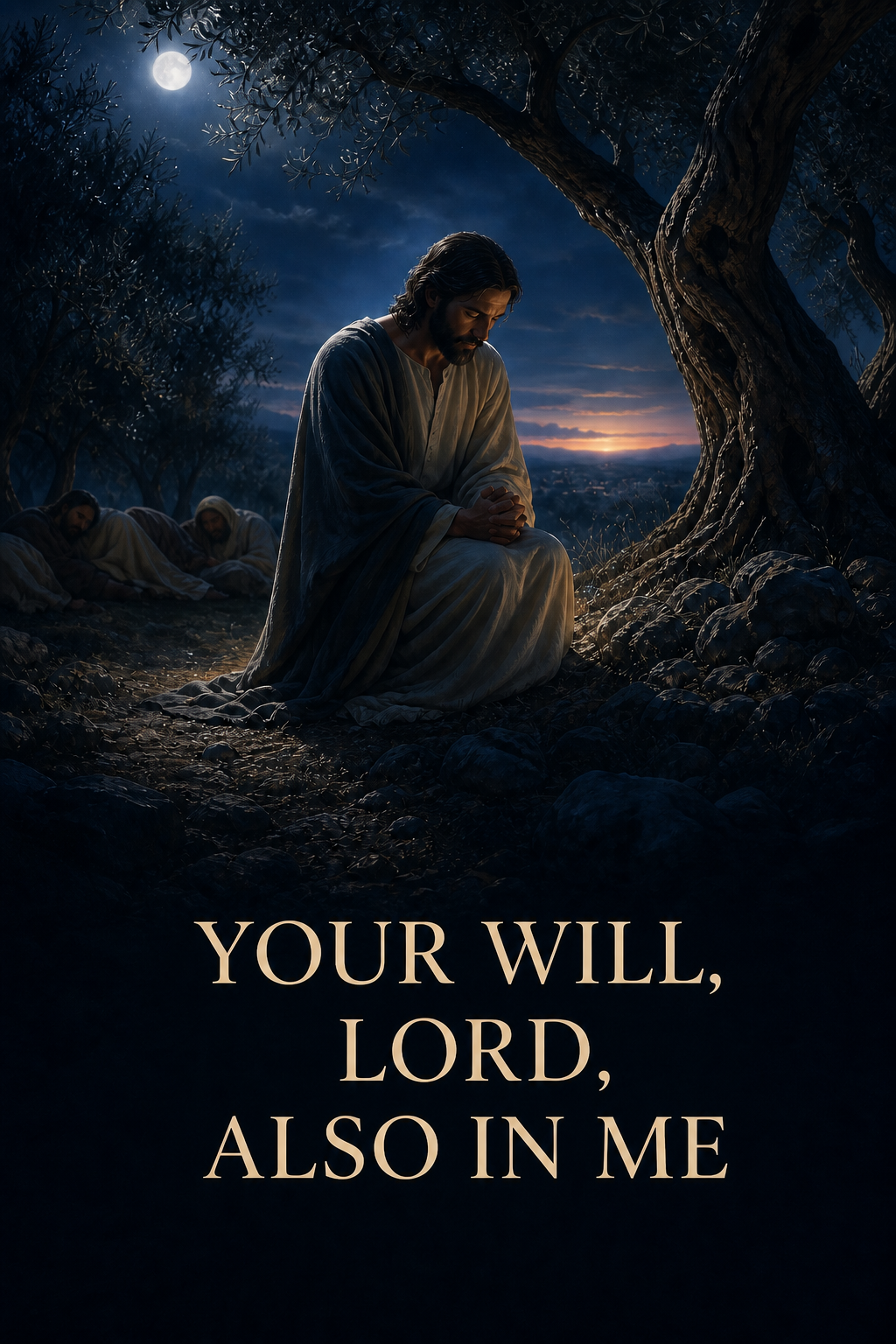 Jesus praying on his knees beneath the olive trees of Gethsemane at night