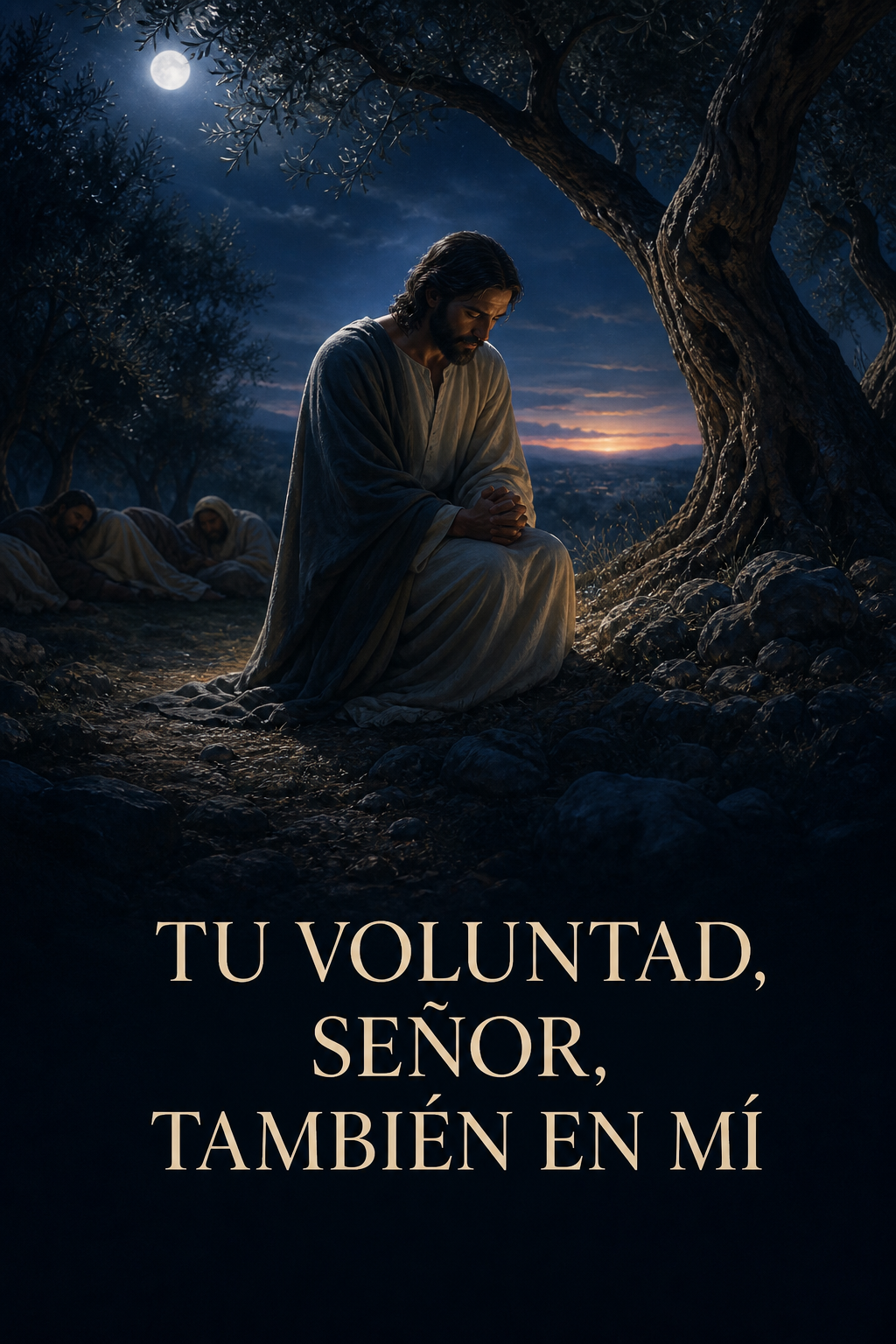 Jesús orando de rodillas bajo los olivos de Getsemaní durante la noche