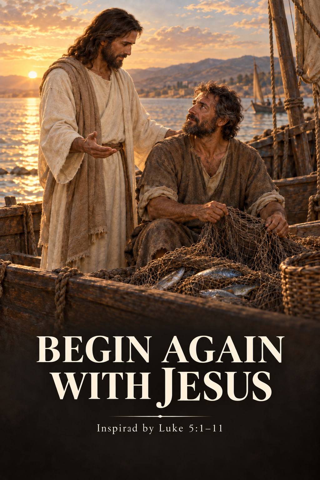 Devotional art of Jesus beside Simon Peter and his nets in a boat at sunrise