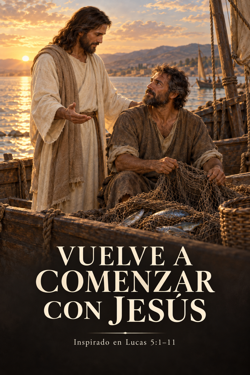 Arte devocional de Jesús junto a Simón Pedro y sus redes en una barca al amanecer